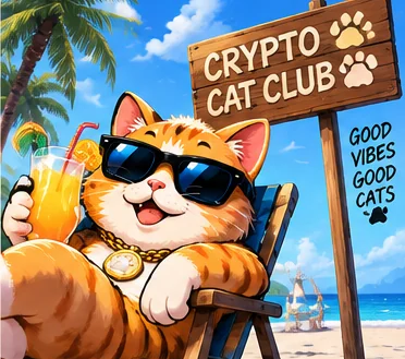 Orange cat with a cocktail in a beach chair under a crypto cat club sign