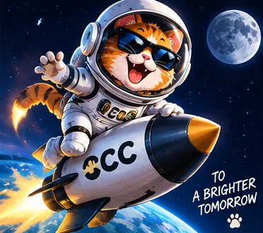 Astronaut cat riding a $ccc rocket past the moon