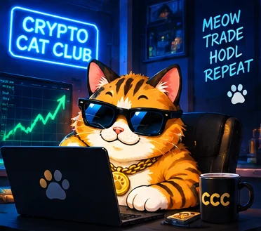 Orange cat in sunglasses at a laptop with a green chart