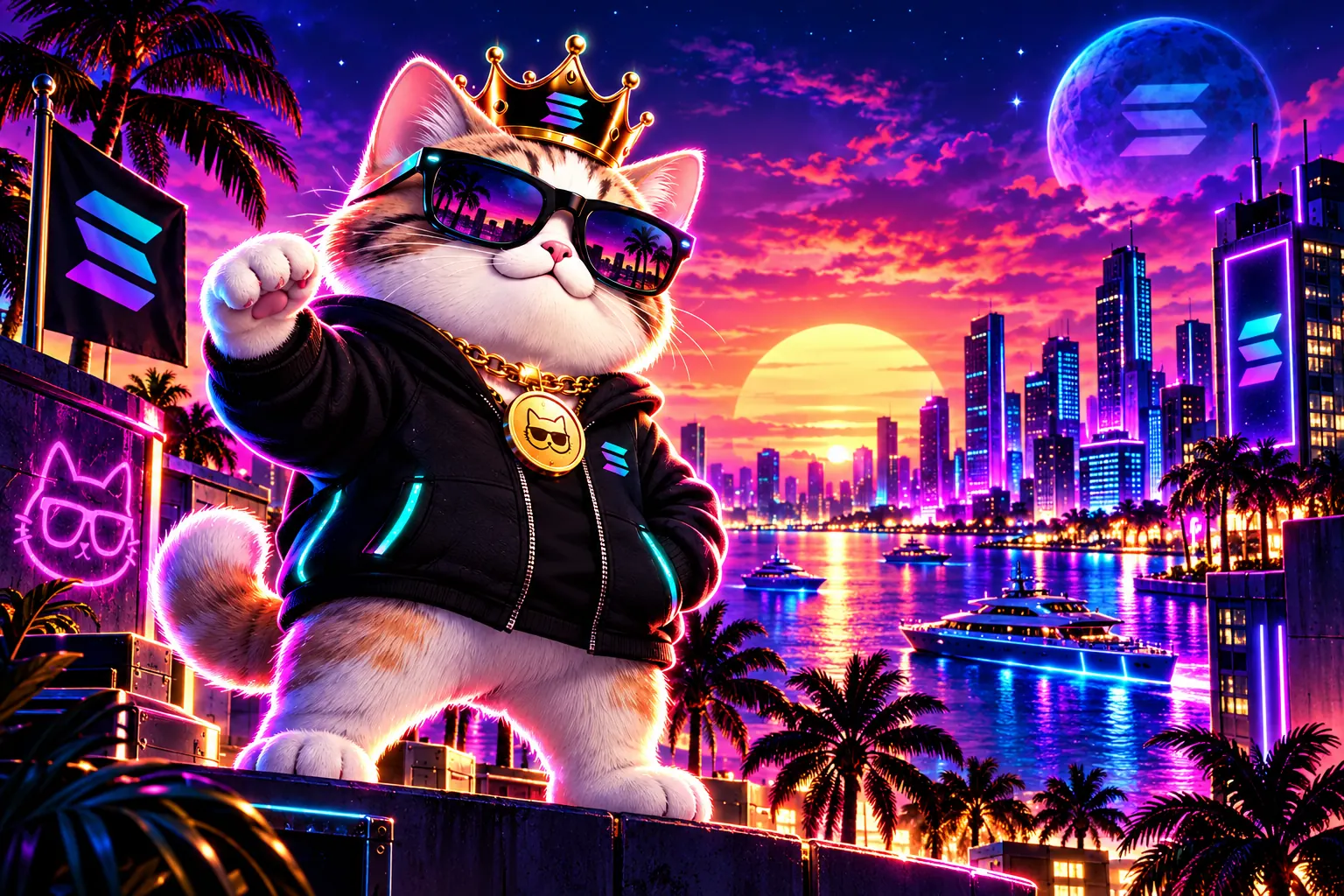 The crypto cat club cat in a crown and sunglasses, fist raised over a neon Solana skyline at sunset