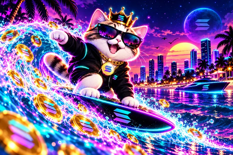 The crowned cat surfing a wave of coins