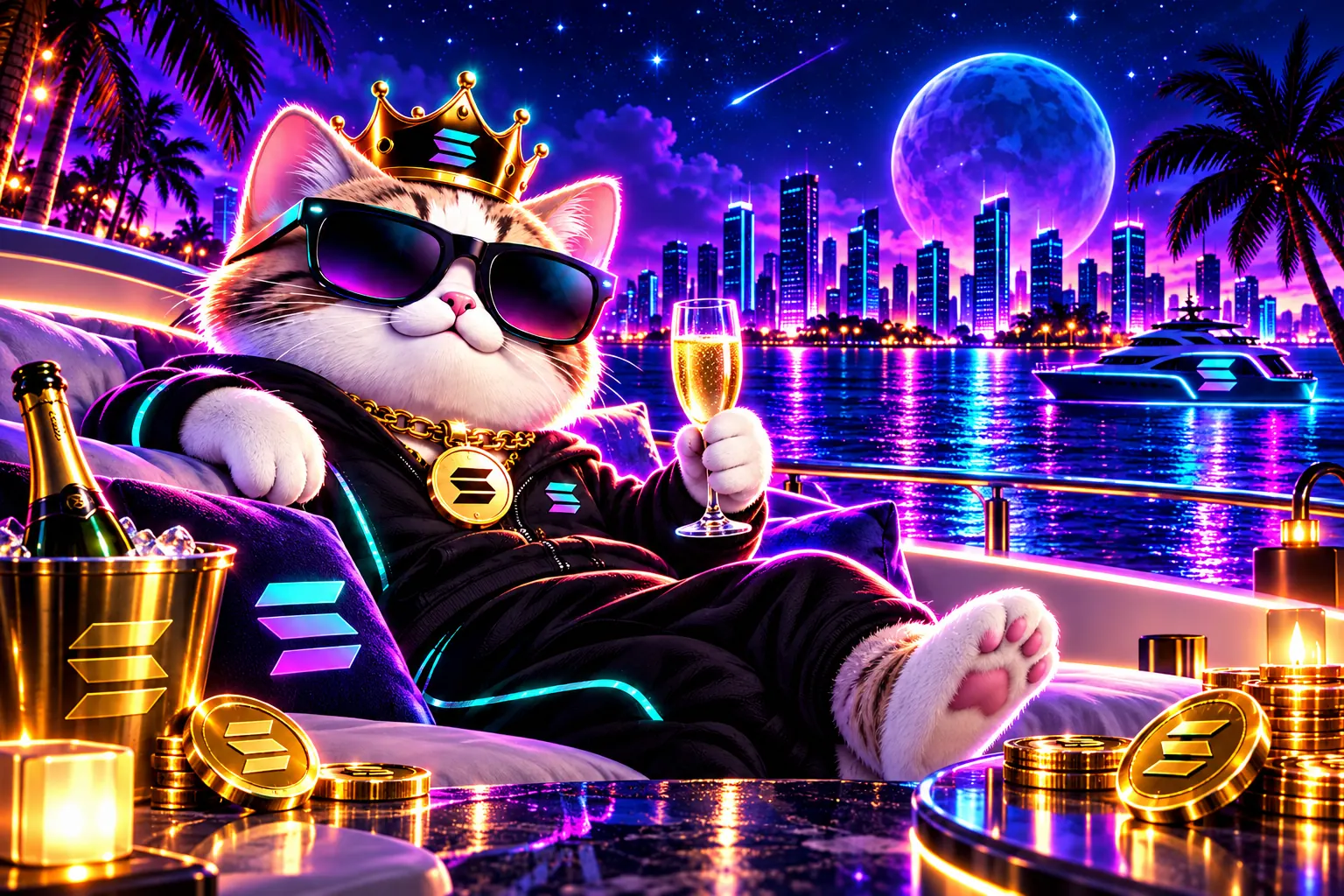The crowned cat relaxing on a yacht with champagne and gold coins, city lights behind